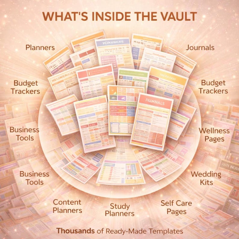 May include: A collection of colorful printable templates, including planners, budget trackers, and journals, are displayed in a circular arrangement. The text "WHAT'S INSIDE THE VAULT" and "Thousands of Ready-Made Templates" are visible. The templates are designed for various purposes.