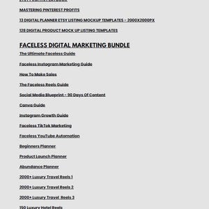 May include: A list of digital marketing resources and templates, including "Etsy Profits Playbook," "Faceless Digital Marketing Bundle," and various planner templates. The text is in a sans-serif font on a light gray background.
