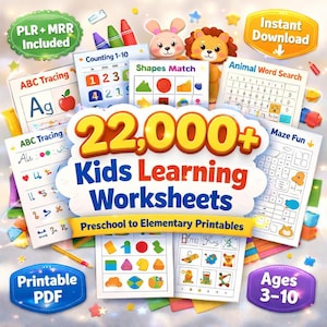 Puede incluir: Imagen de hojas de trabajo de aprendizaje para niños con el texto "22,000+ Kids Learning Worksheets" y "Preschool to Elementary Printables". Incluye actividades educativas como trazar el ABC, contar y emparejar formas.