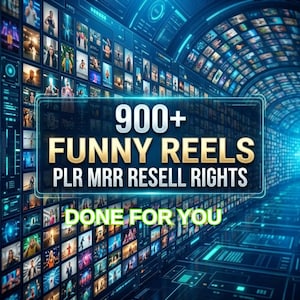 May include: Digital graphic with a futuristic design. The image features a grid of video screens with the text "900+ FUNNY REELS PLR MRR RESELL RIGHTS DONE FOR YOU" in gold and white. The background is a blue and black digital display.