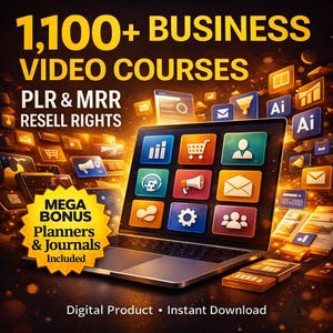 Könnte beinhalten: Werbung für ein digitales Produkt mit einem Laptop, der farbige App-Symbole anzeigt. Der Text hebt "1.100+ BUSINESS VIDEOKURSE" mit PLR & MRR-Wiederverkaufsrechten hervor. Ein "MEGA BONUS" an Planern und Journalen ist enthalten. Sofortiger Download.