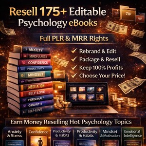 Pu&ograve; includere: Immagine che promuove la vendita di oltre 175 eBook di psicologia modificabili. L'immagine presenta una pila di libri colorati, un laptop, pile di monete e banconote. Il testo include "Full PLR & MRR Rights" e "Earn Money Reselling Hot Psychology Topics."
