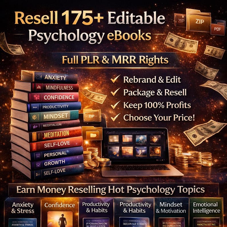 Pu&ograve; includere: Immagine che promuove la vendita di oltre 175 eBook di psicologia modificabili. L'immagine presenta una pila di libri colorati, un laptop, pile di monete e banconote. Il testo include "Full PLR & MRR Rights" e "Earn Money Reselling Hot Psychology Topics."
