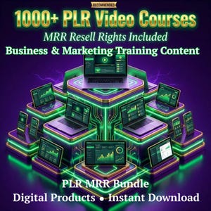 May include: A digital marketing graphic with the text "1000+ PLR Video Courses" and "MRR Resell Rights Included." The image features laptops, tablets, and smartphones displaying business and marketing content, with a purple and green color scheme.