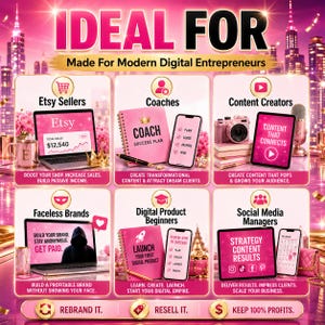 May include: A promotional graphic with the text "IDEAL FOR" and "Made For Modern Digital Entrepreneurs." It features six panels with icons and text for Etsy sellers, coaches, content creators, faceless brands, digital product beginners, and social media managers.