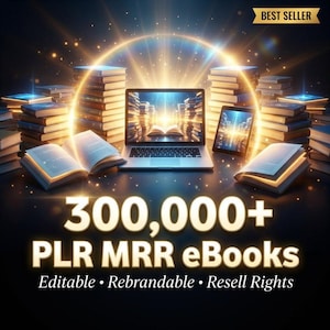 Puede incluir: Ilustración digital con un portátil y una tableta rodeados de pilas de libros. Se muestra el texto "300,000+ PLR MRR eBooks", con "Editable • Rebrandable • Resell Rights" debajo. Un banner de "Best Seller" está en la esquina superior derecha.