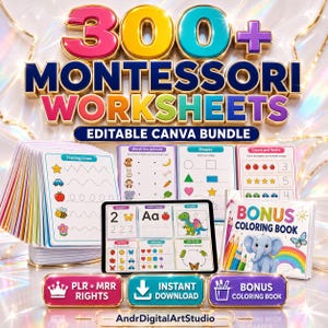 300+ Montessori Worksheets PLR MRR Bundle | Editable Canva Preschool Activities, Toddler Busy Book, Homeschool Printables, Instant Download