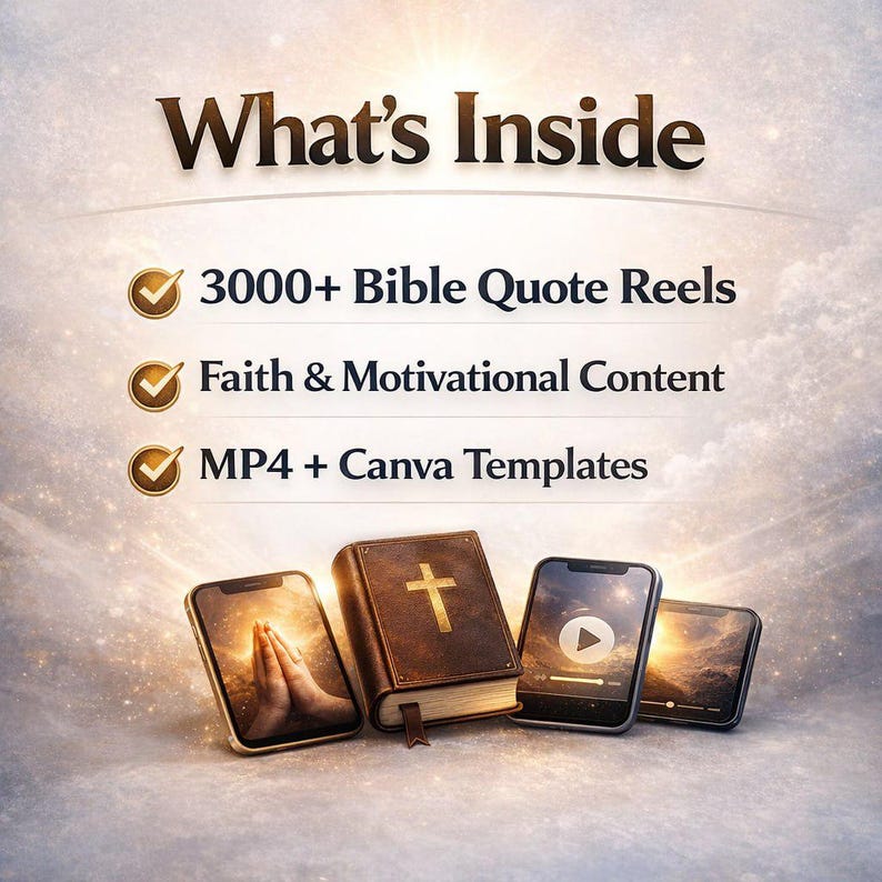 May include: Image with the text "What's Inside" above a list of features: "3000+ Bible Quote Reels", "Faith & Motivational Content", and "MP4 + Canva Templates". The image also shows a Bible and three smartphones.