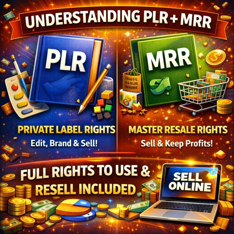 May include: An image promoting PLR and MRR concepts. It features a blue book labeled "PLR" and a green book labeled "MRR". Text includes "Private Label Rights" and "Master Resale Rights". A laptop displays "Sell Online". Gold coins and dollar bills are scattered around.