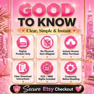 May include: A pink and gold graphic with the text "GOOD TO KNOW" and "Clear, Simple & Instant." The image highlights digital product features: PDF, instant access, no physical item shipped, clear instructions, PLR/MRR rights, and customization before reselling. It also includes "Secure Etsy Checkout."