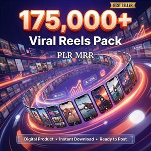 Puede incluir: Imagen promocional con el texto "175.000+ Viral Reels Pack" y "PLR MRR". La imagen presenta un círculo de teléfonos inteligentes que muestran contenido de video, rodeado de visualizaciones de datos y las palabras "Digital Product • Instant Download • Ready to Post."