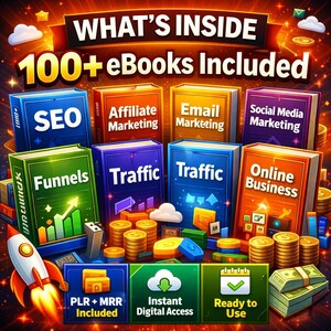 May include: An illustration featuring a collection of colorful eBooks on topics like SEO, affiliate marketing, and online business. The image includes text that reads "WHAT'S INSIDE 100+ eBooks Included" and icons for digital access and ready-to-use content.