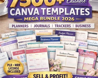 7500+ Canva Planner Pages 2026 Bundle PLR MRR Editable Planners Journals Trackers | Digital Products