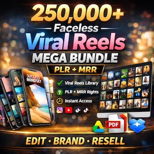 Mega paquete de más de 250 000 reels virales (PLR/MRR) / Contenido de reels sin rostro / Reels de Instagram, TikTok y cortos de YouTube / Descarga digital