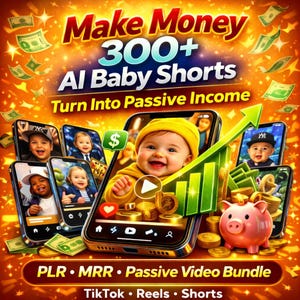 Op de afbeelding: Een promotionele afbeelding met de tekst "Make Money 300+ AI Baby Shorts Turn Into Passive Income." De afbeelding toont smartphones met lachende baby's, geld, een spaarvarken en een groene pijl omhoog, wat wijst op financiële groei. De onderste tekst luidt "PLR • MRR • Passive Video Bundle TikTok • Reels • Shorts."