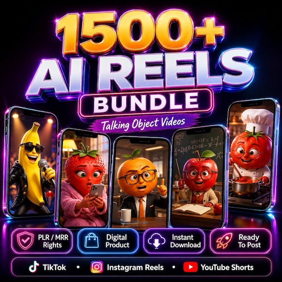 1500+ AI Reels Bundle Talking Object Videos Faceless TikTok Instagram YouTube Shorts Ready To Post PLR MRR Resell Rights