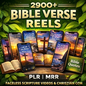 Könnte beinhalten: Werbebild mit mehreren Smartphones, die Bibelverse und Kreuze vor Sonnenuntergangshintergründen zeigen. Der Text lautet "2900+ Bible Verse Reels" und "Bible Quotes". Das Bild enthält auch den Text "PLR | MRR" und "Faceless Scripture Videos & Christian Con".