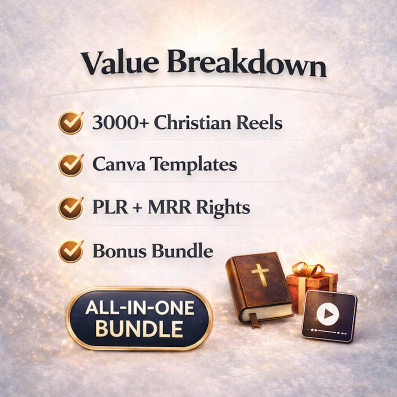 May include: An image with the text "Value Breakdown" and a list of features including "3000+ Christian Reels", "Canva Templates", "PLR + MRR Rights", and "Bonus Bundle". The image also includes a Bible, a gift box, and a video play button.