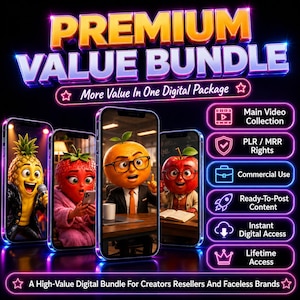 May include: A digital product bundle featuring the text PREMIUM VALUE BUNDLE and More Value In One Digital Package. Four smartphones display animated fruit characters, while a list highlights features like Main Video Collection and PLR / MRR Rights.