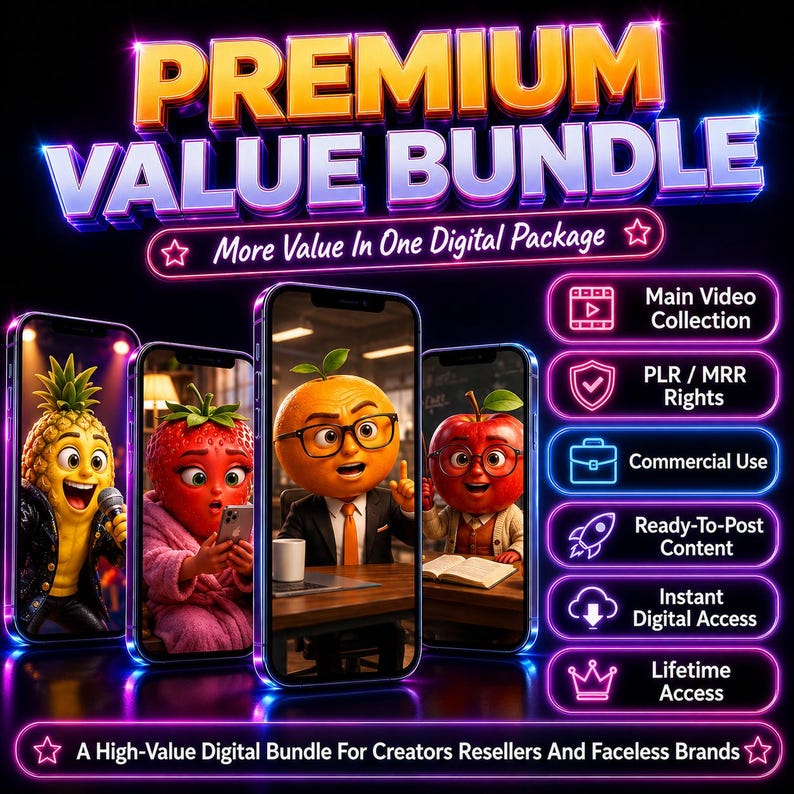 May include: A digital product bundle featuring the text PREMIUM VALUE BUNDLE and More Value In One Digital Package. Four smartphones display animated fruit characters, while a list highlights features like Main Video Collection and PLR / MRR Rights.