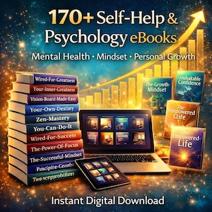 Op de afbeelding: Digitale afbeelding met een stapel zelfhulpboeken en eBooks, een laptop en een tablet. De afbeelding bevat de tekst "170+ Self-Help & Psychology eBooks" en "Instant Digital Download". De boeken hebben titels als "Wired-For-Greatness" en "Your-Own-Destiny".