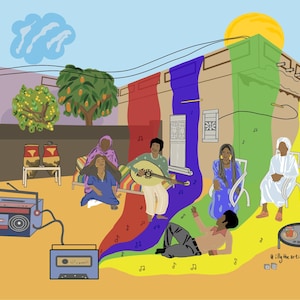 Musik på gården, dagtid - Sudanesiskt konsttryck