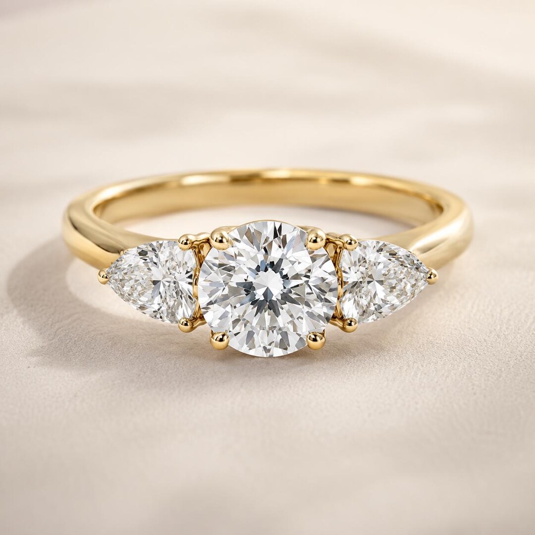 Three Stone Lab Grown Diamond Ring | Round & Trillion Cut Engagement ...