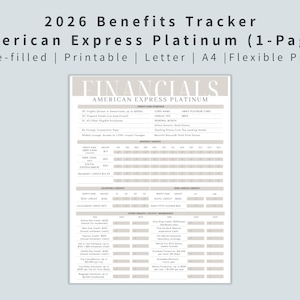 Amex Platinum 2026 Perks Tracker | Pre-filled | Digital Entertainment & Hotel Credit Log, Updated Benefits Checklist, Financial Planner