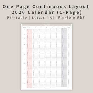 May include: A printable 2026 calendar in a continuous one-page layout, available in A4 and Letter sizes. The calendar grid displays dates and days, with some sections highlighted in red and grey. The text "One Page Continuous Layout 2026 Calendar (1-Page)" is at the top.