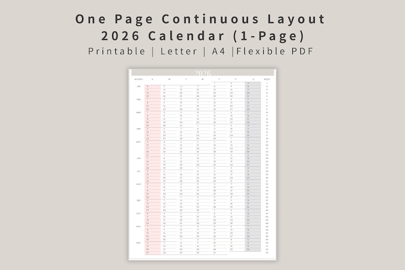 2026 Yearly Calendar With Notes | One Page Continuous Layout | Letter ...