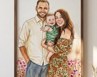 Retrato en acuarela enmarcado a medida / Pintura familiar personalizada a partir de una foto / Regalo de aniversario para parejas