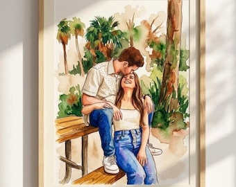 Custom Couple Watercolor Portrait from Photo | Framed Anniversary Gift | Personalized Wedding Artwork on Canvas or Fine Art Paper