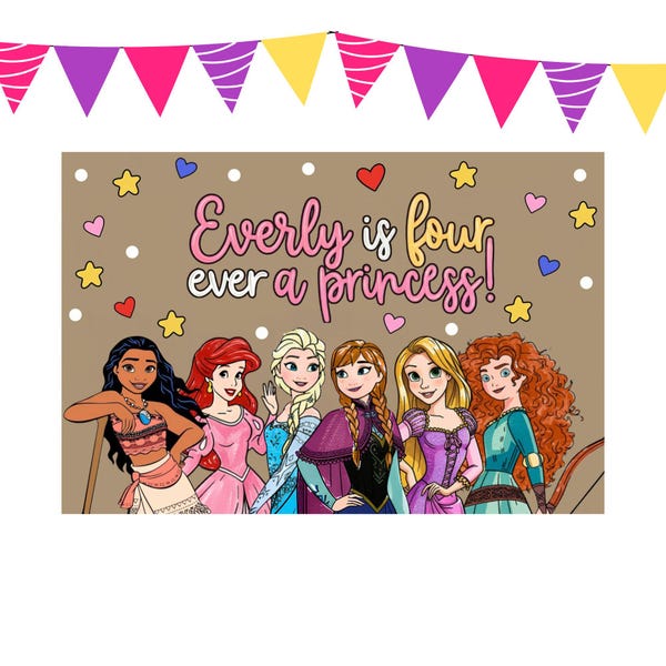 Princess Personalised Birthday Banner, Girl Birthday Backdrop Painted Style
