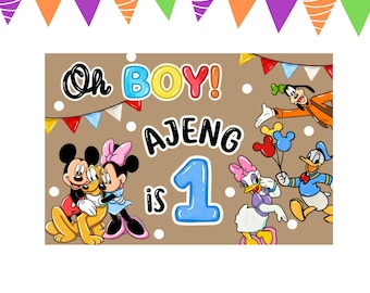 May include: A rectangular party banner featuring a tan background with white polka dots and colorful bunting. Characters include Mickey Mouse, Minnie Mouse, Pluto, Goofy, Daisy Duck, and Donald Duck. Text reads Oh BOY! AJENG is 1.
