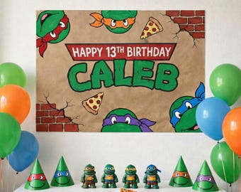 Fondo de cumpleaños personalizado de las Tortugas Ninja, decoración para fiesta de pizza (banderín imprimible digital)