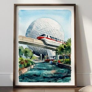 Peut inclure: Peinture à l'aquarelle d'une scène de parc à thème avec un monorail, une grande sphère géodésique et une voie navigable. L'œuvre est encadrée dans un cadre en bois marron. Le monorail est rouge, blanc et noir.