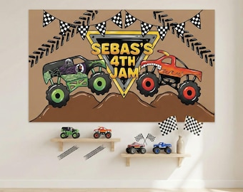 Banner de cumpleaños personalizado de Monster Truck, nombre personalizado, tema de mermelada (impresión digital)