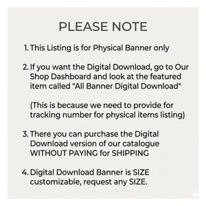 Puede incluir: Bandera blanca con texto negro. El texto dice "POR FAVOR, TENGA EN CUENTA" seguido de cuatro puntos numerados. Los puntos explican que el anuncio es para una bandera f&iacute;sica y c&oacute;mo comprar una descarga digital.