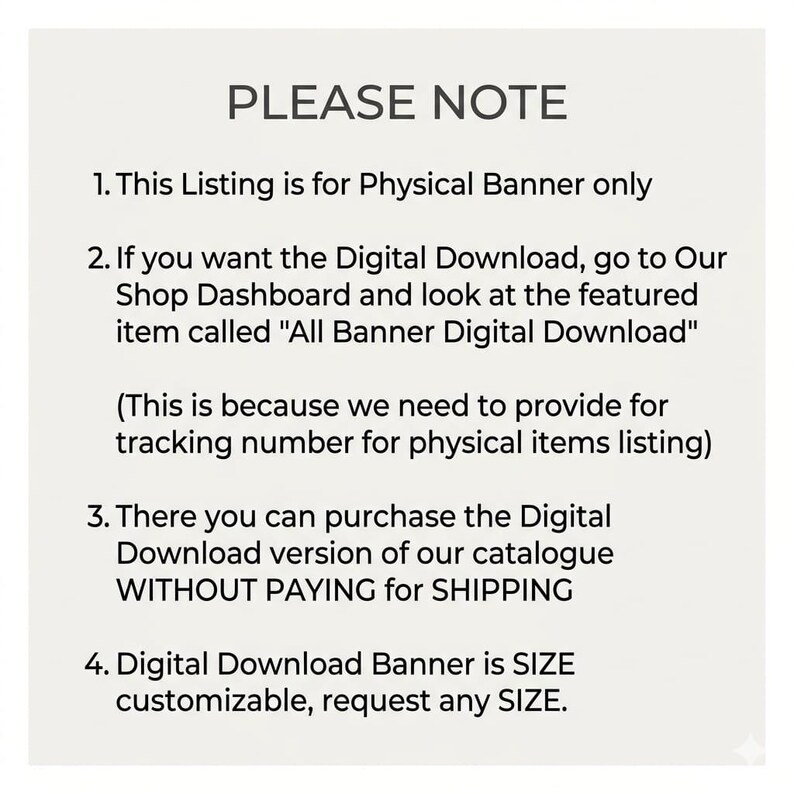 Puede incluir: Bandera blanca con texto negro. El texto dice "POR FAVOR, TENGA EN CUENTA" seguido de cuatro puntos numerados. Los puntos explican que el anuncio es para una bandera f&iacute;sica y c&oacute;mo comprar una descarga digital.