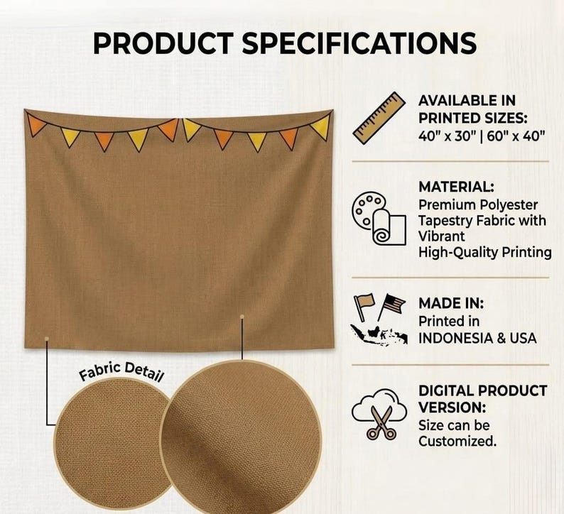 Puede incluir: Un tapiz marr&oacute;n con una pancarta de tri&aacute;ngulos naranjas y amarillos en la parte superior. El texto "PRODUCT SPECIFICATIONS" est&aacute; en la parte superior. El tapiz est&aacute; disponible en tama&ntilde;os de 101,6 cm x 76,2 cm y 152,4 cm x 101,6 cm. El material es tela de tapiz de poli&eacute;ster.