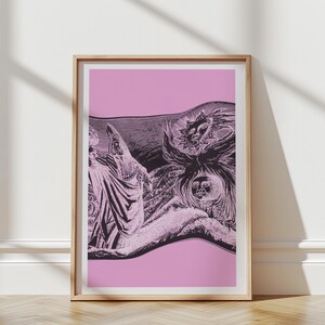May include: Framed art print with a black and white illustration on a pink backdrop. The artwork shows detailed figures, including a robed person and a face with flowing hair. The frame is a light wood colour.