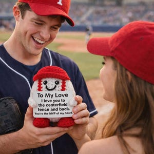 May include: A handmade baseball-themed plush toy with a red cap and shoes, holding a sign that reads "To My Love." The baseball is white with red stitching and a smiling face. A person in a baseball uniform and a red cap is holding the toy.