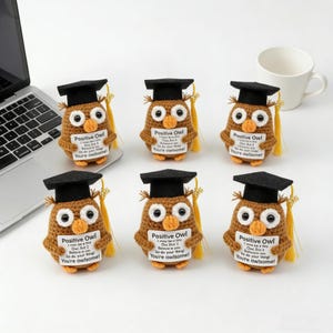 May include: Six handmade crochet owls wearing graduation caps and holding signs that read "Positive Owl". The owls are brown with white eyes and orange beaks. Each owl has a yellow tassel.