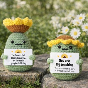 Cadeau pour un nouveau départ, animal de compagnie de bureau choux de tournesol au crochet, peluche d'encouragement et de croissance, lot de soins pour les amateurs de plantes, enseigne personnalisée positive