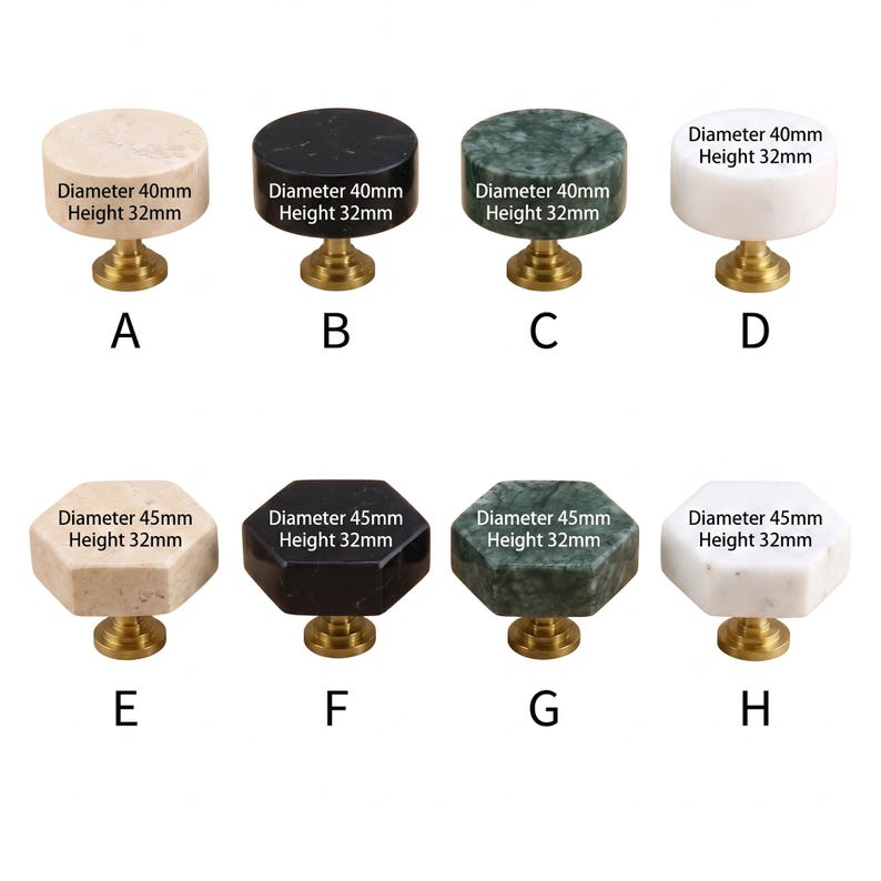 May include: A collection of eight stone cabinet knobs with brass-coloured bases. The top row features four round knobs in beige, black, green, and white, each 40mm in diameter and 32mm high. The bottom row shows four hexagonal knobs in the same colours, each 45mm in diameter and 32mm high.