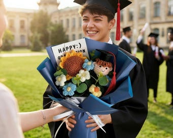 Ramo de graduación para niño, promoción de 2026, girasol de ganchillo personalizado y muñeco de graduación para niño, regalo de graduación para hijo o novio, regalos para él.