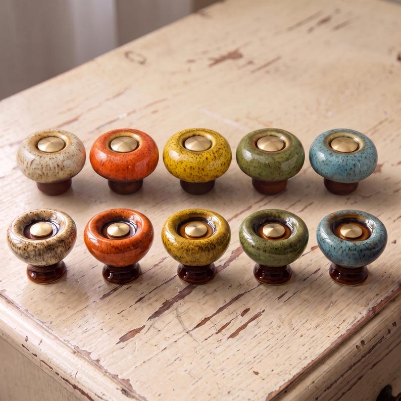 May include: A collection of ten round ceramic cabinet knobs arranged in two rows. Each knob features a glossy, speckled glaze in various colors including beige, orange, yellow, green, and blue, with a central circular brass-toned metal inlay.