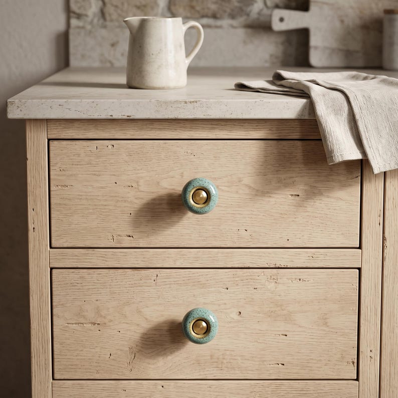 May include: A light-colored wooden cabinet featuring two drawers, each equipped with a round, speckled teal ceramic knob with a central brass-toned metal insert. The cabinet has a smooth, light-toned stone countertop surface.