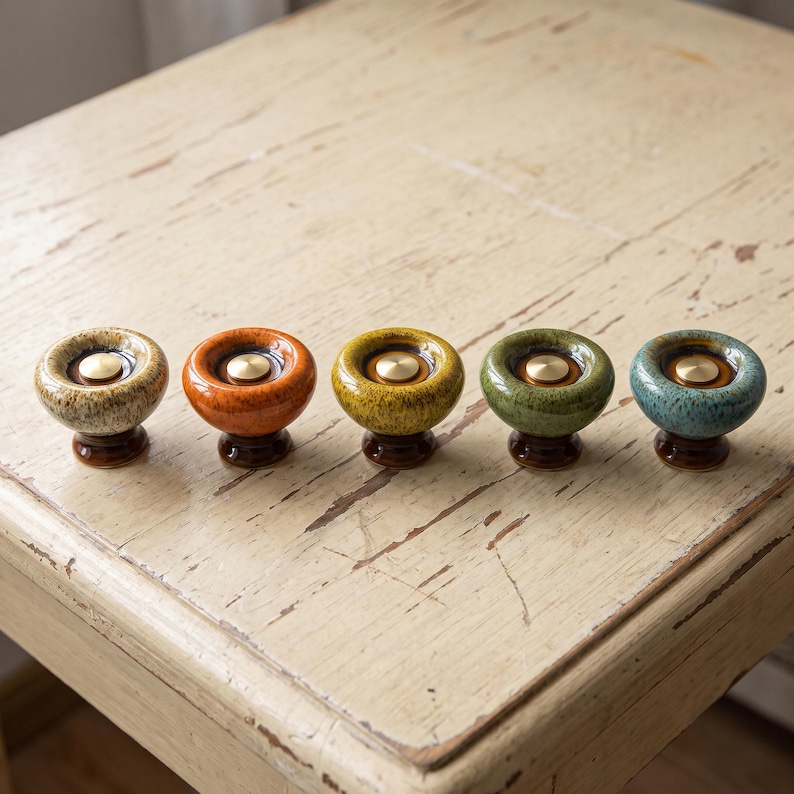 May include: Five round ceramic cabinet knobs with a glossy finish, each featuring a central metallic gold-toned disc. The knobs are colored in beige, orange, yellow, green, and blue, and each is mounted on a small, dark brown circular base.