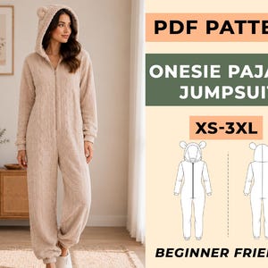 May include: A beige onesie pajama jumpsuit with a hood and bear ears. The jumpsuit has a zipper closure and a textured cable knit design. The image also includes text that says "PDF PATTERN", "ONESIE PAJAMA JUMPSUIT", "XS-3XL", and "BEGINNER FRIENDLY".
